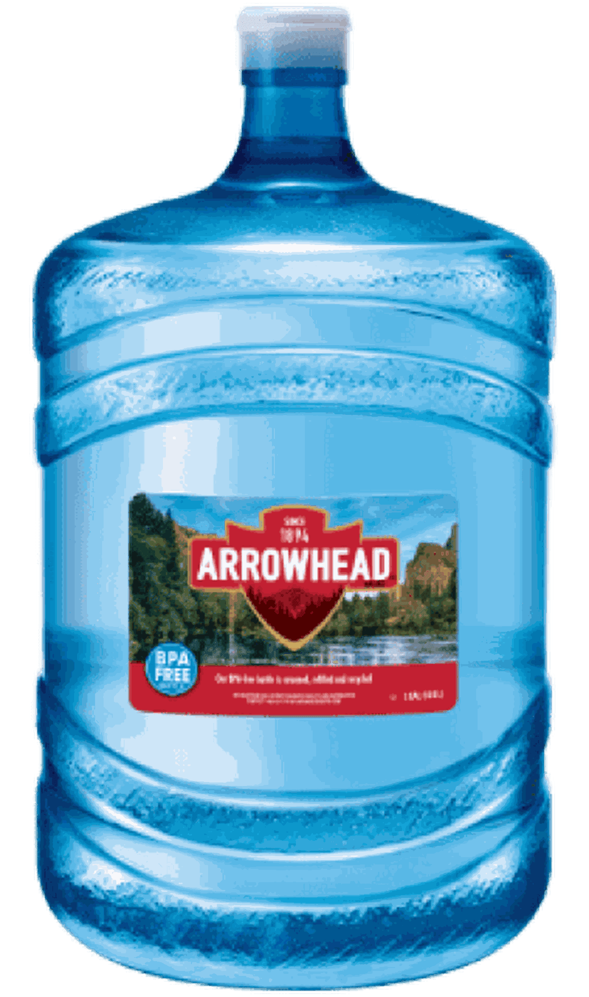 A large 5 gallon plastic water jug labeled "Arrowhead," with a red and white label and BPA-free marking.