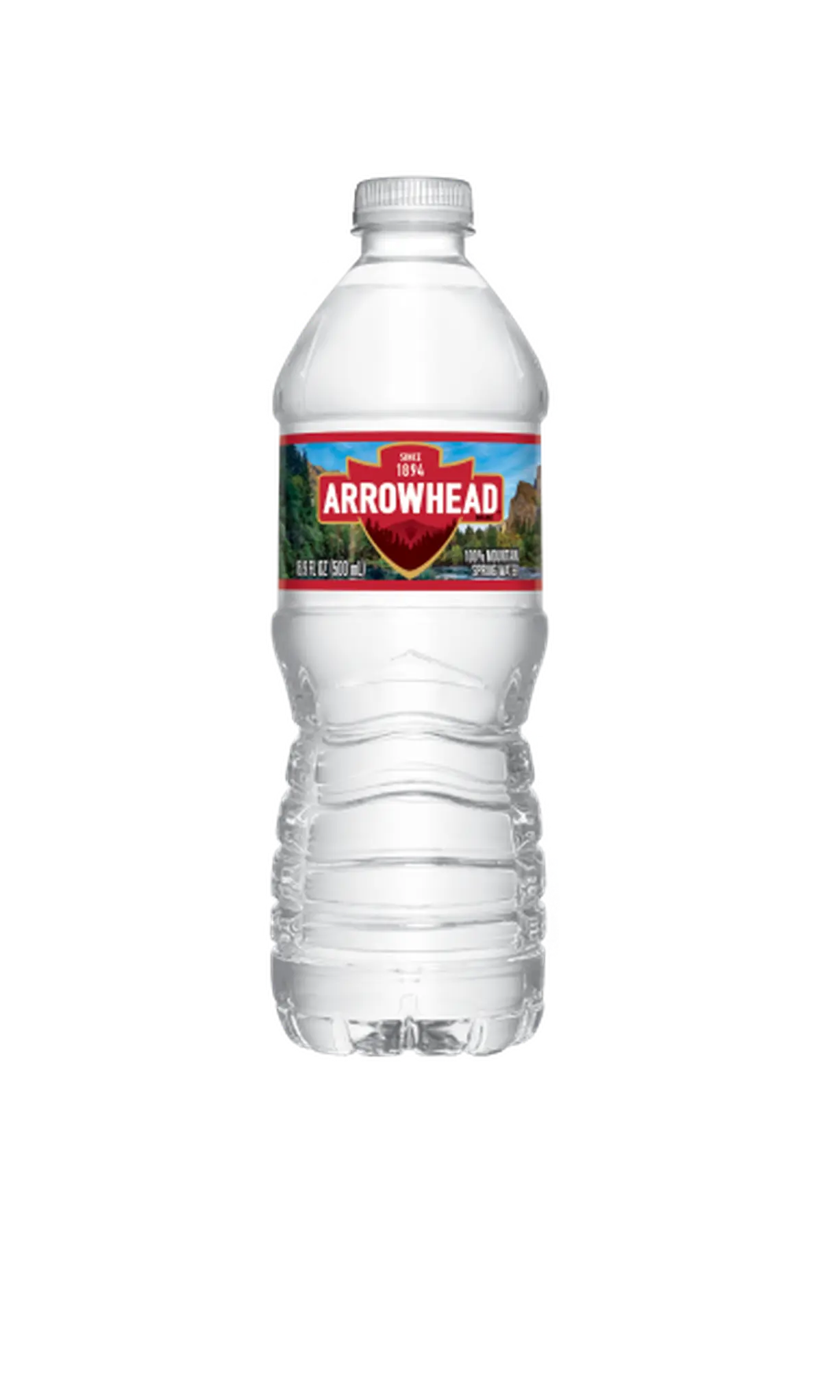 Plastic bottle of Arrowhead spring water with a red label featuring mountains, set against a transparent background.